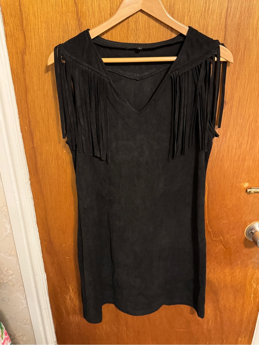 Sleeveless Black Fringe V-Neck Faux Suede Dress